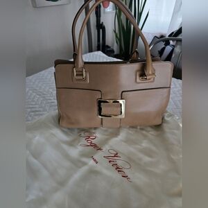Roger Vivier EXCLUSIVE Small Retro Beige Satchel with Gold Buckle